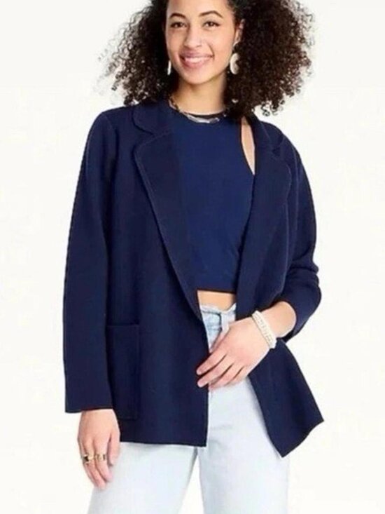 J. Crew Sweaters - J.Crew navy open front sweater blazer with pockets 100% merino wool medium EUC
